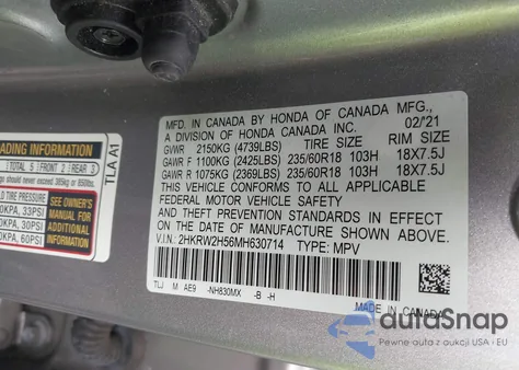 2021 Honda Cr-V Awd Ex z USA, uszkodzony, nr VIN 2HKRW2H56MH630714